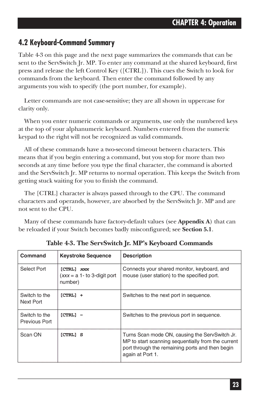 Black Box SW627A-R2, SW628A-R2 manual Keyboard-Command Summary, ServSwitch Jr. MP’s Keyboard Commands 