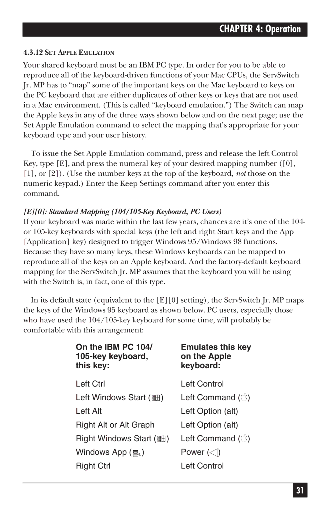 Black Box SW627A-R2, SW628A-R2 manual E0 Standard Mapping 104/105-Key Keyboard, PC Users 