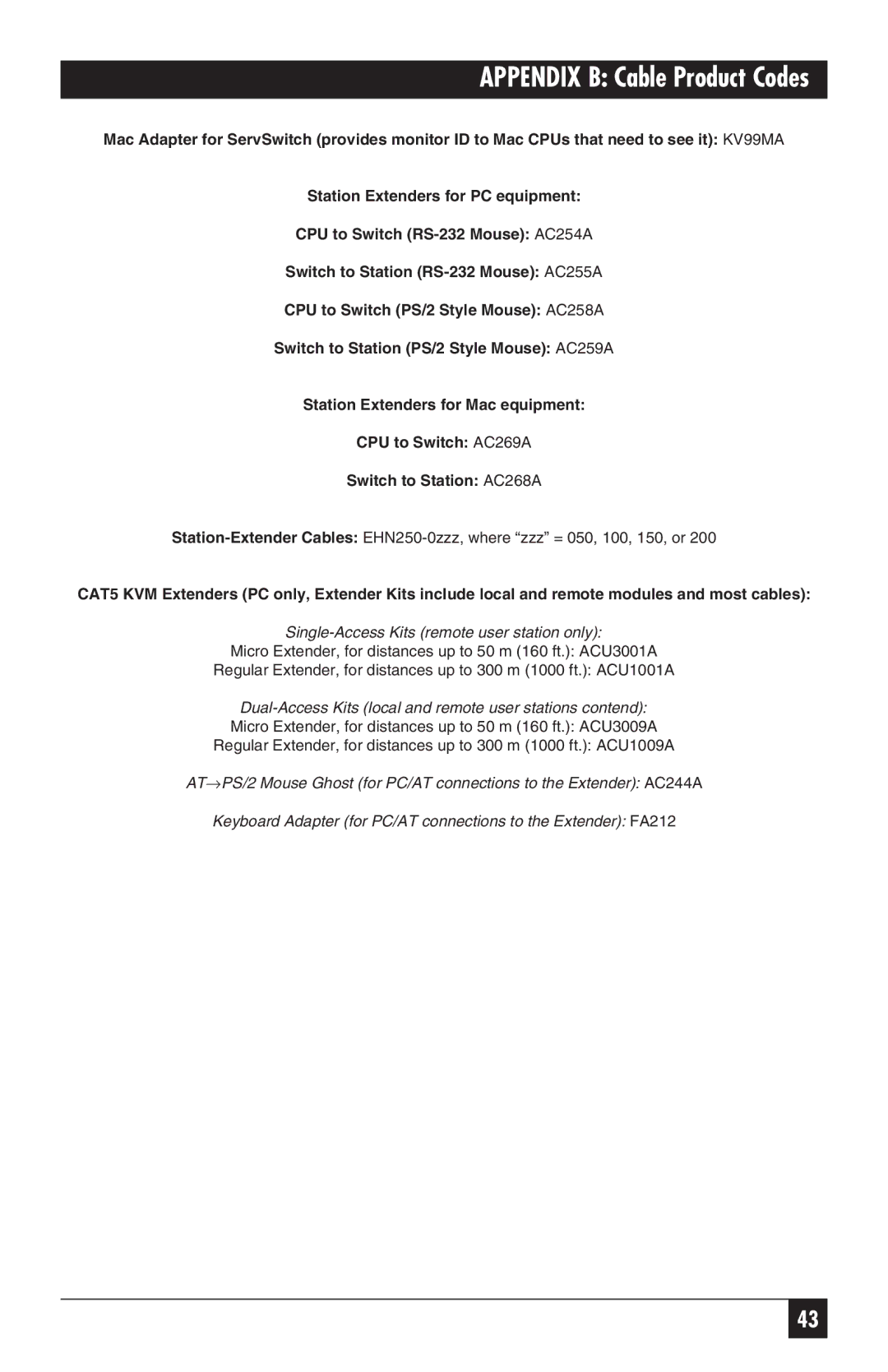 Black Box SW627A-R2, SW628A-R2 manual Appendix B Cable Product Codes 