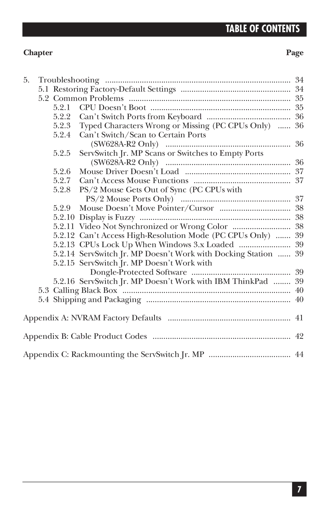 Black Box SW627A-R2, SW628A-R2 manual Table of Contents 