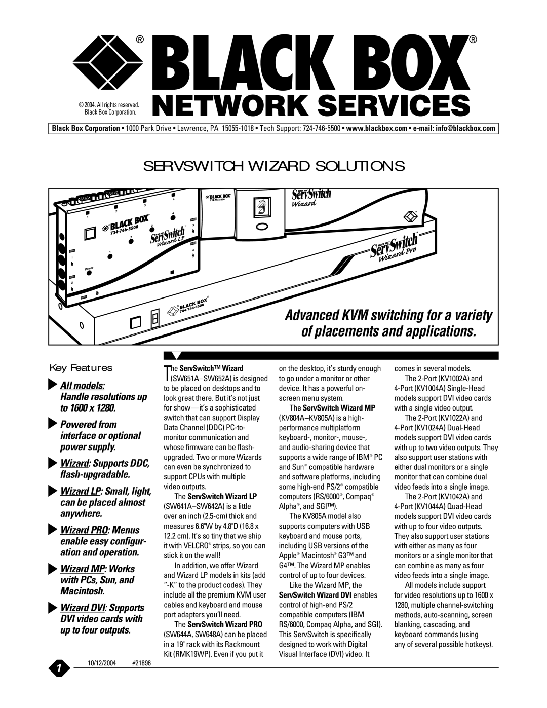 Black Box SW651ASW652A manual Servswitch Wizard Solutions, 10/12/2004 #21896 