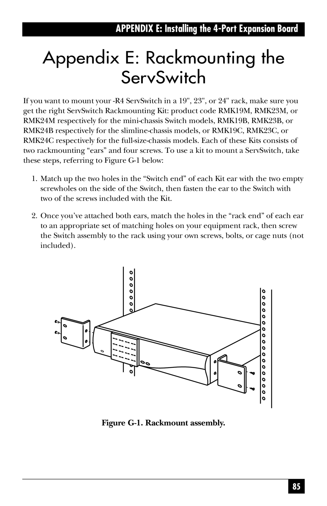 Black Box SW722A-R4, KV3108SA-R4, SW721A-R4, SW724A-R4 Appendix E Rackmounting ServSwitch, Figure G-1. Rackmount assembly 