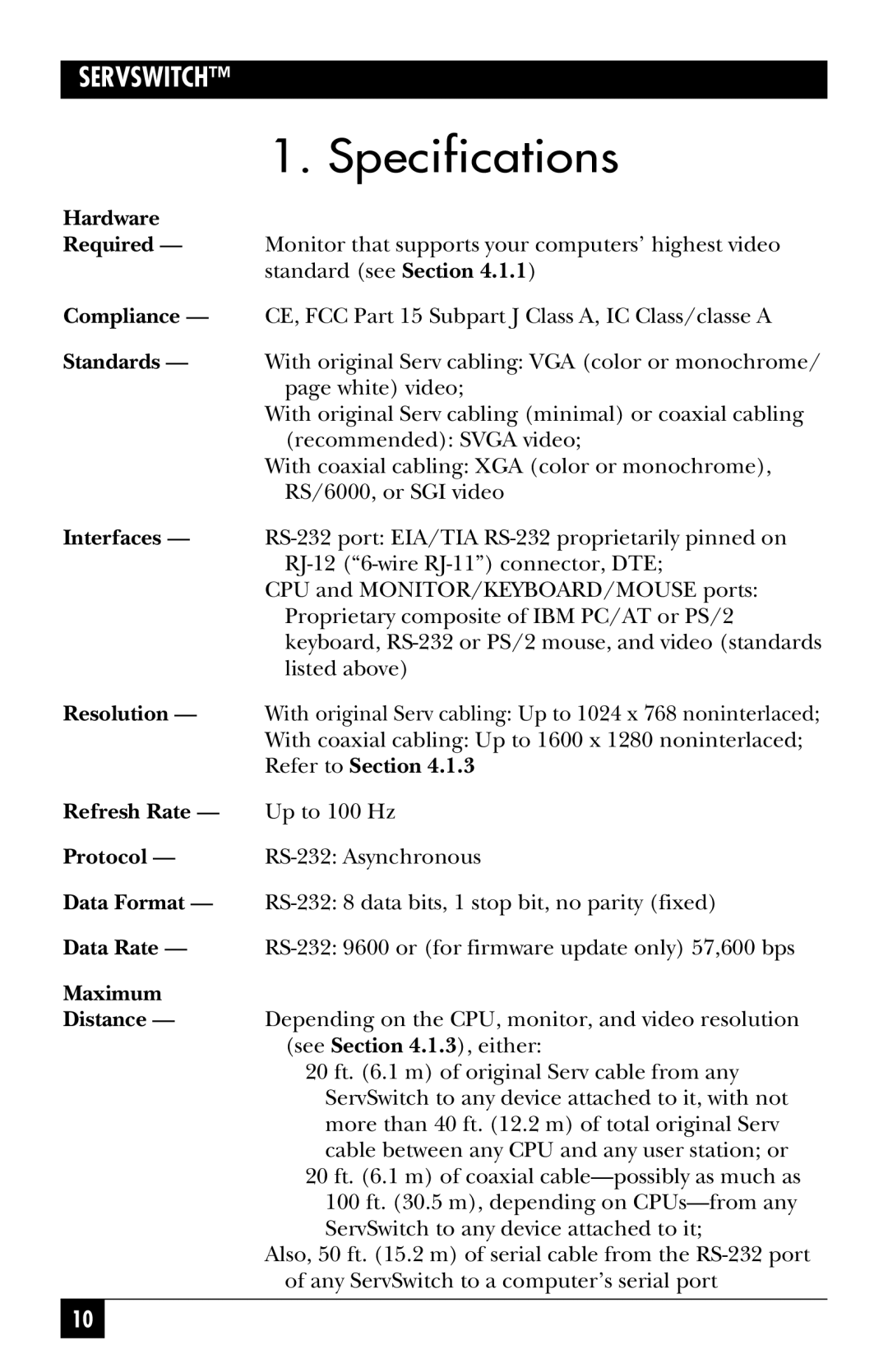 Black Box SW724A-R4, SW722A-R4, KV3108SA-R4, SW721A-R4, SW723A-R4, SW725A-R4 manual Specifications, Standards 