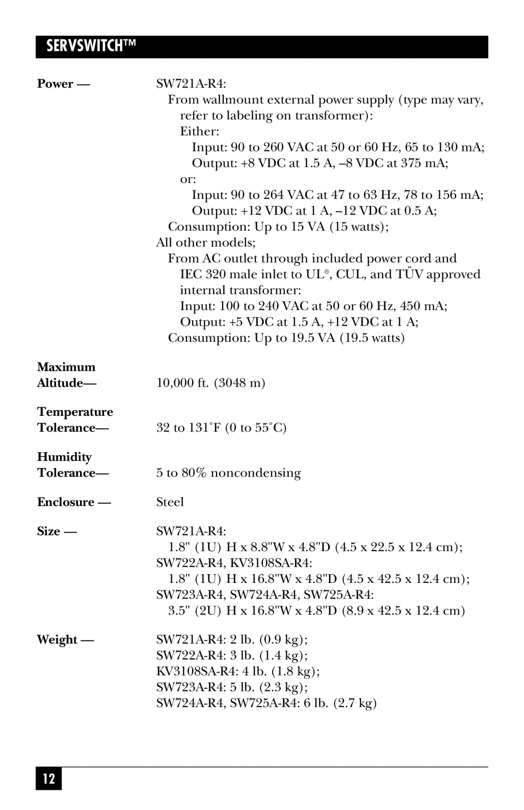 Black Box SW725A-R4, SW722A-R4, KV3108SA-R4, SW721A-R4, SW724A-R4, SW723A-R4 manual Maximum Altitude 