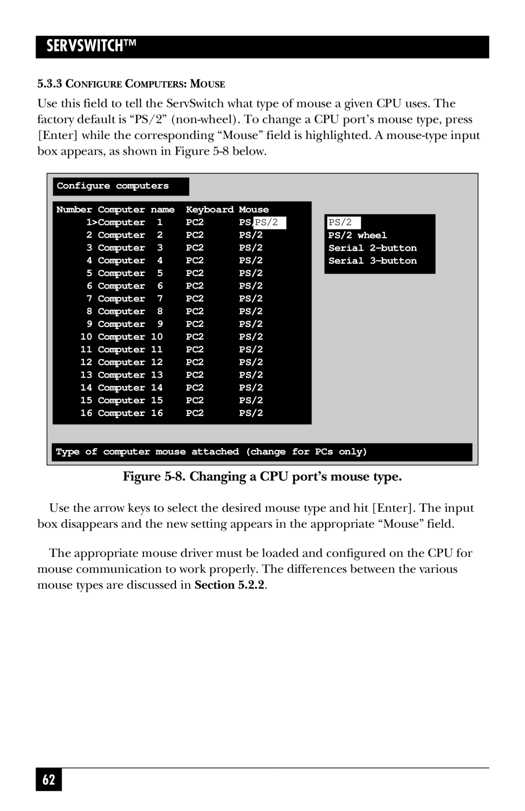 Black Box KV3108SA-R4, SW722A-R4, SW721A-R4, SW724A-R4, SW723A-R4, SW725A-R4 manual Changing a CPU port’s mouse type 