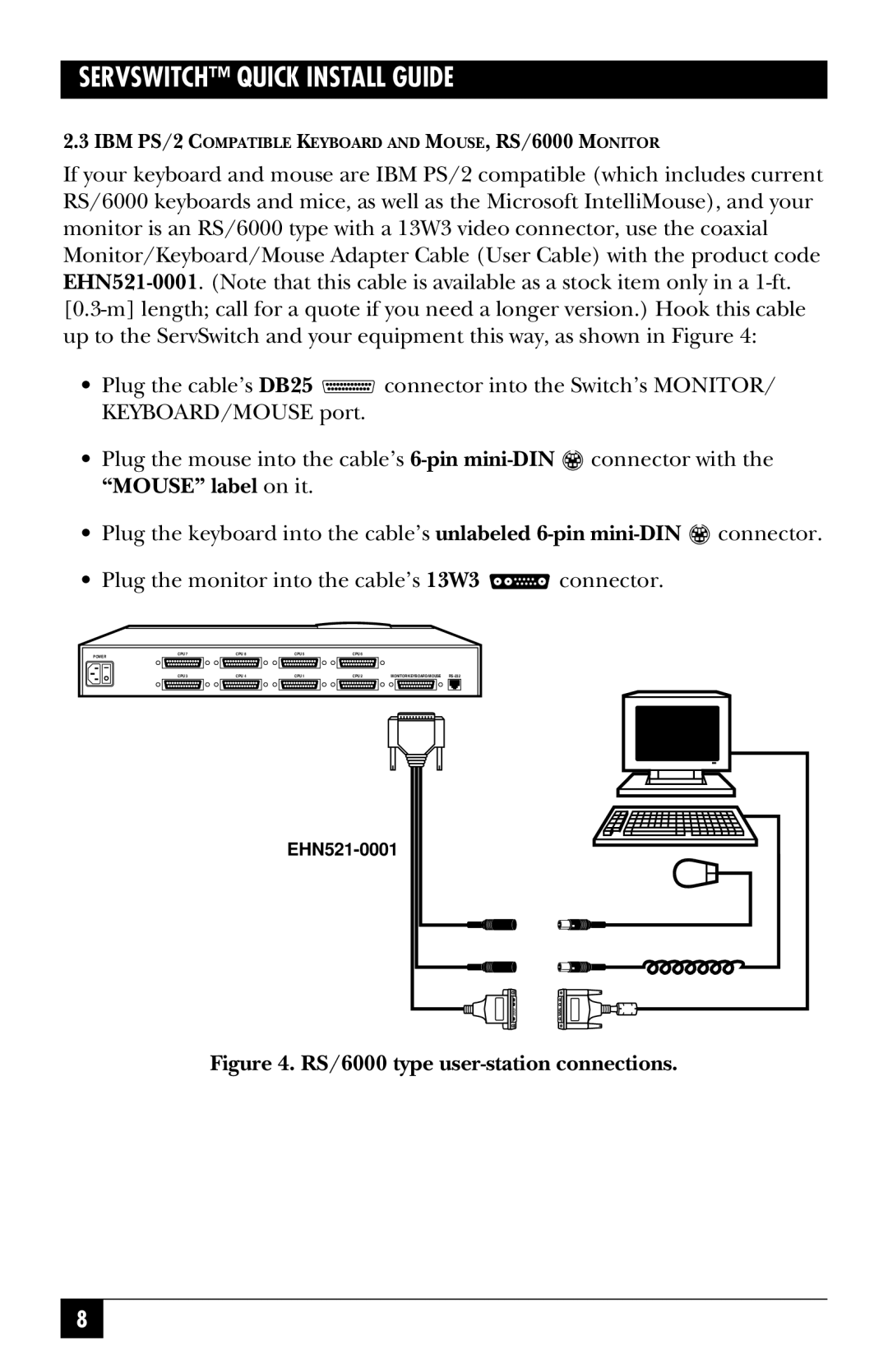 Black Box SW724A-R4, SW722A-R4, KV3108SA-R4, SW721A-R4, SW723A-R4, SW725A-R4 manual RS/6000 type user-station connections 