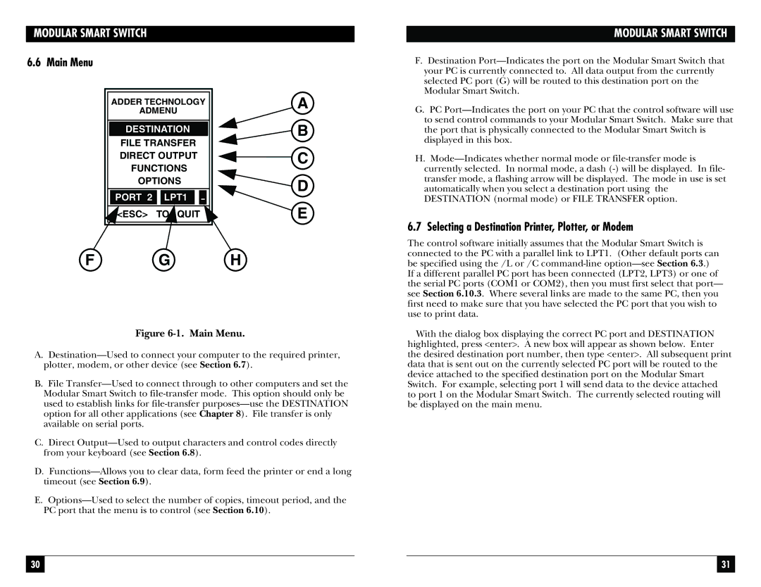 Black Box SW928C, SW929C, SW927C, SW925AE, SW926C manual Main Menu, Selecting a Destination Printer, Plotter, or Modem 