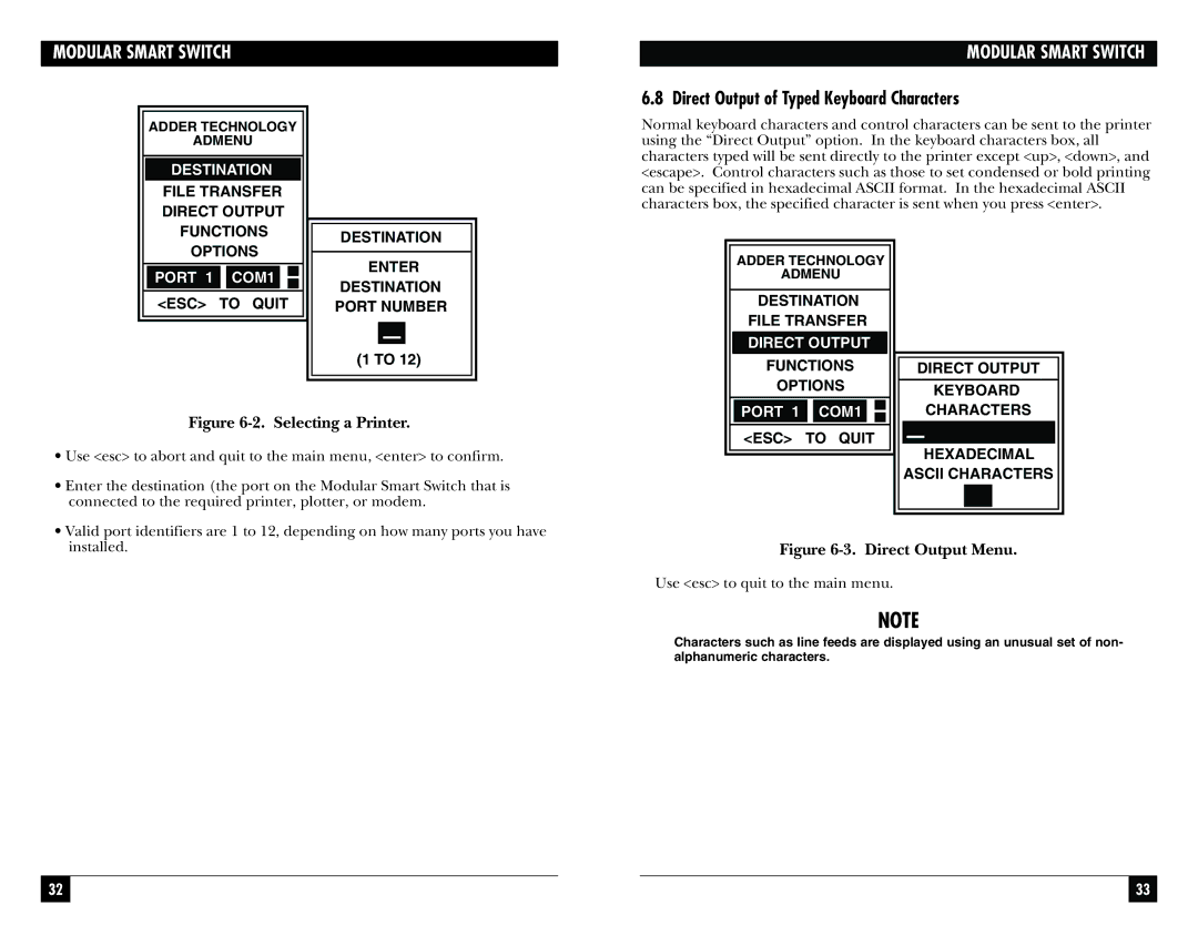 Black Box SW928C Direct Output of Typed Keyboard Characters, File Transfer Direct Output Functions Options Destination 