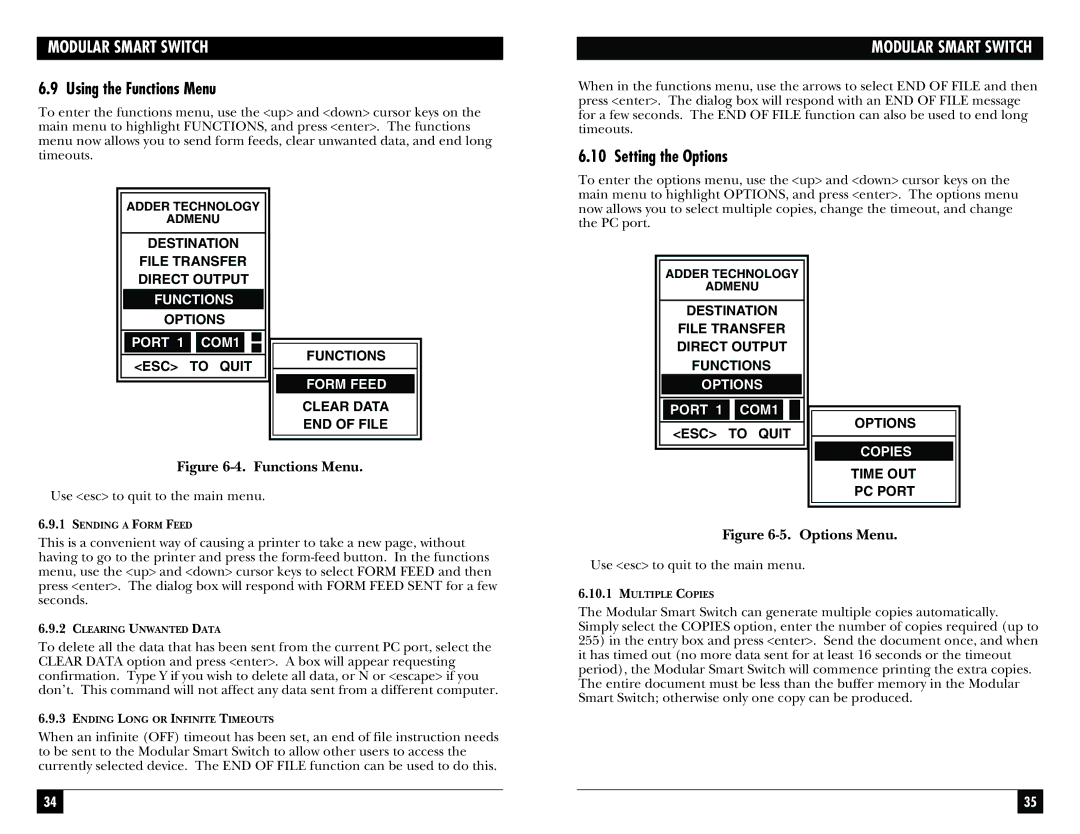 Black Box SW929C, SW928C, SW927C, SW925AE, SW926C manual Using the Functions Menu, Setting the Options 