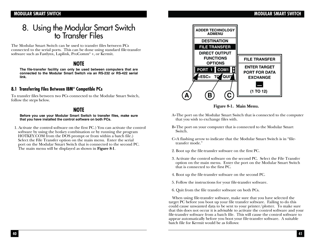 Black Box SW926C, SW928C Using the Modular Smart Switch to Transfer Files, Transferring Files Between IBM Compatible PCs 