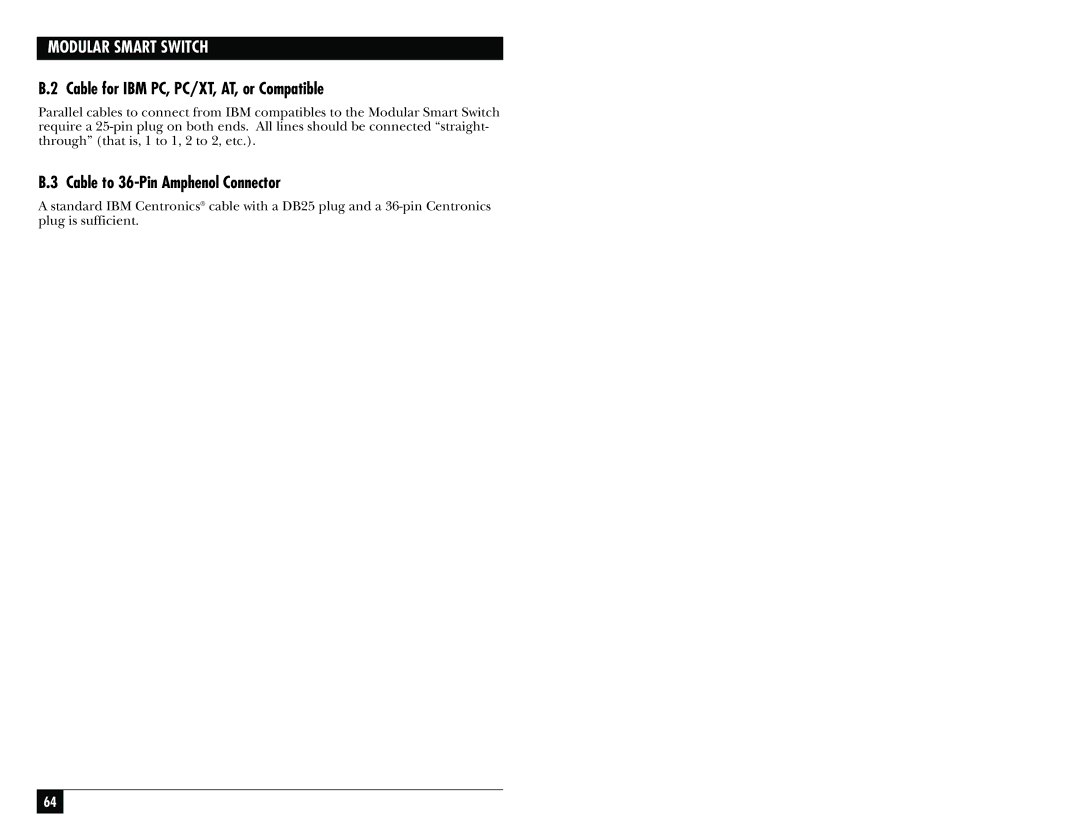 Black Box SW926C, SW928C, SW929C, SW927C manual Cable for IBM PC, PC/XT, AT, or Compatible, Cable to 36-Pin Amphenol Connector 