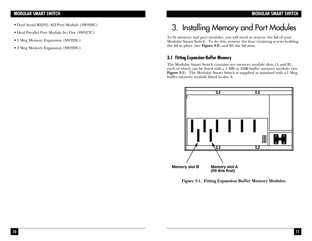 Black Box SW929C, SW928C, SW927C, SW925AE, SW926C manual Installing Memory and Port Modules, Fitting Expansion-Buffer Memory 