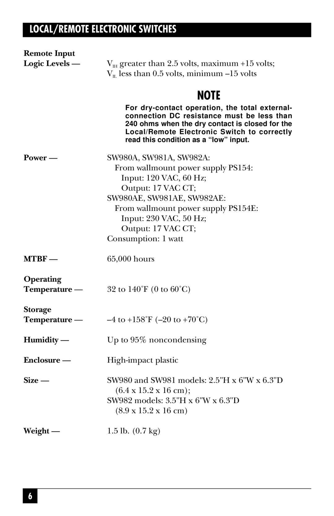 Black Box SW980AE, SW981AE, SW982AE manual Mtbf 