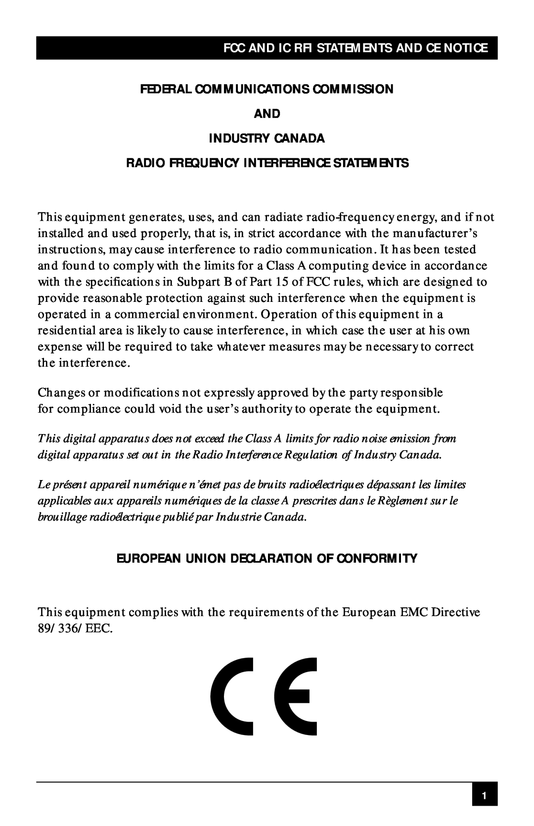Black Box SWI081A, SWI082 Federal Communications Commission And, Industry Canada, Radio Frequency Interference Statements 