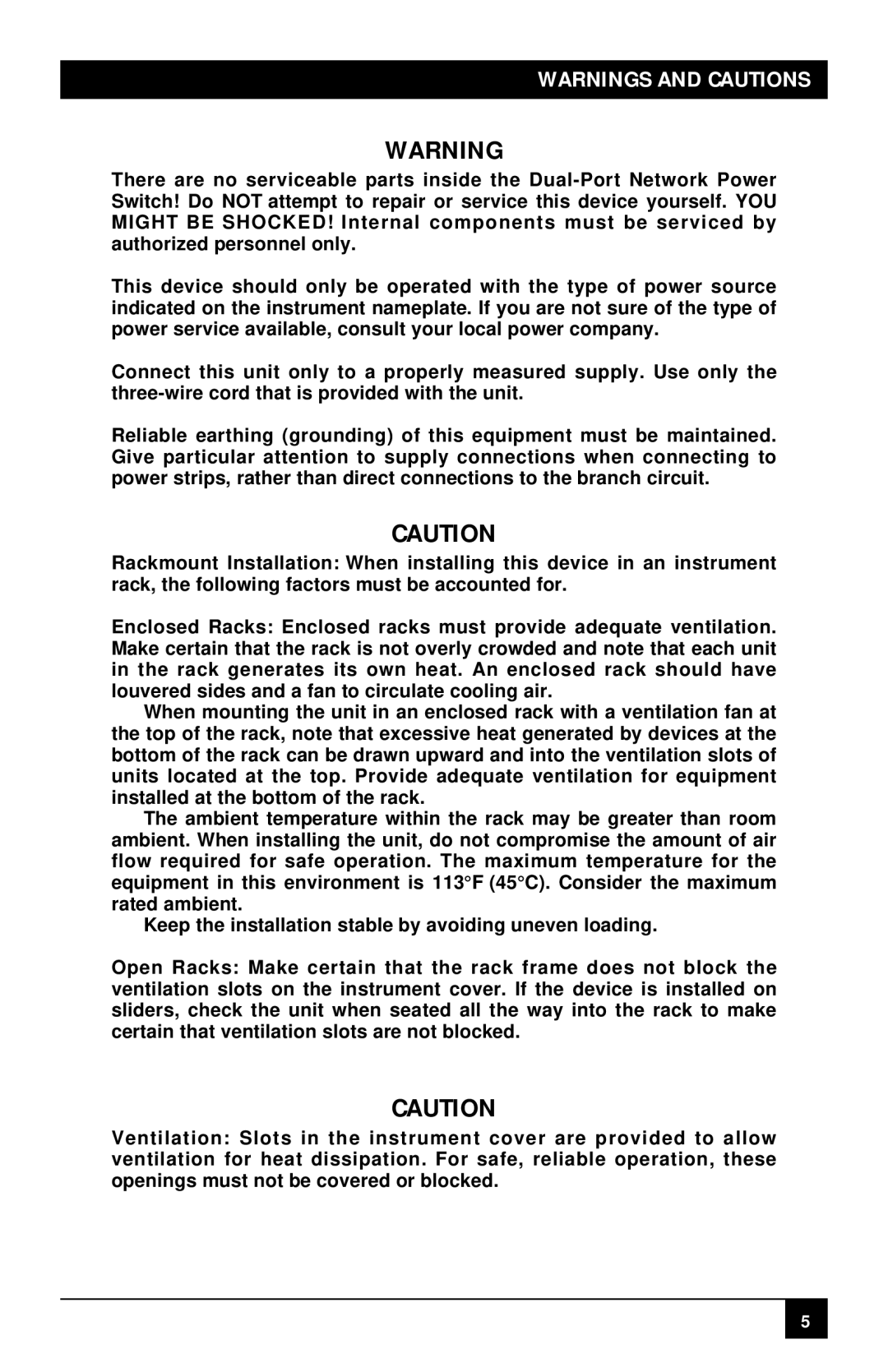 Black Box SWI081AE, SWI082 manual Warnings And Cautions 