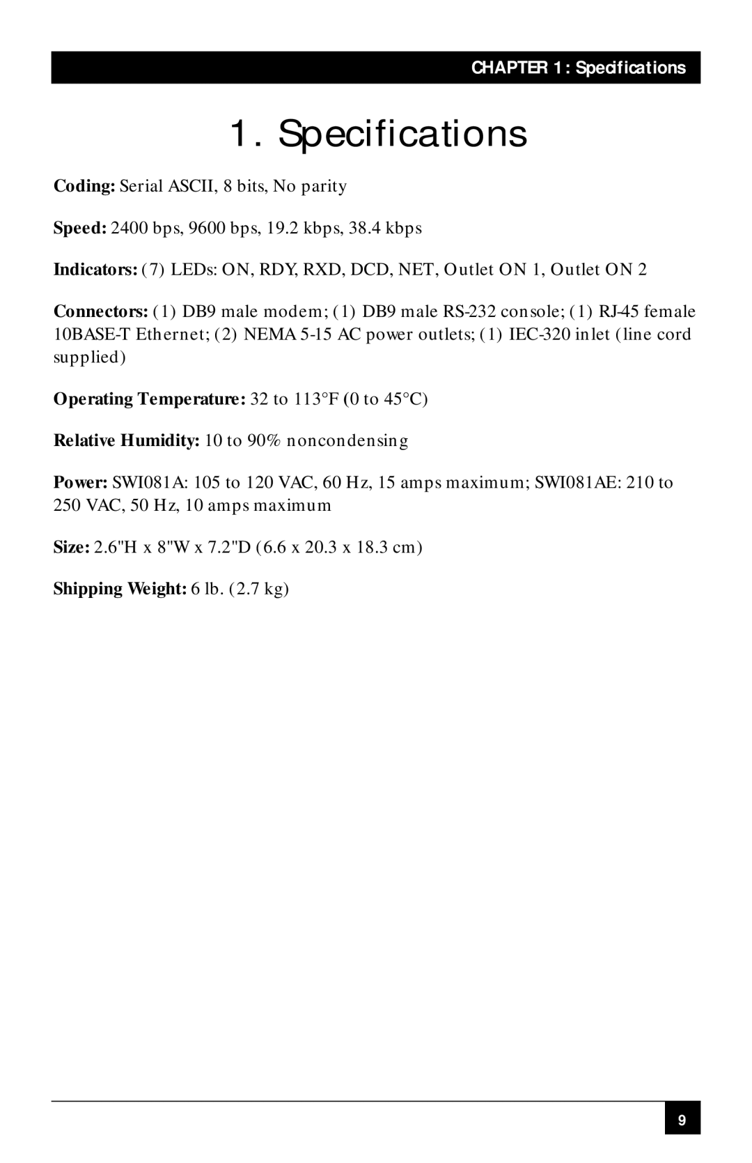 Black Box SWI082, SWI081AE manual Specifications, Operating Temperature 32 to 113F 0 to 45C 