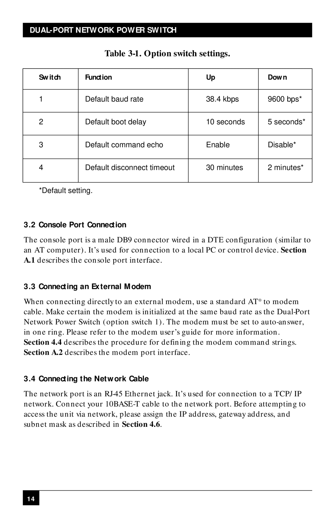 Black Box SWI081AE, SWI082 manual Console Port Connection, Connecting an External Modem, Connecting the Network Cable 