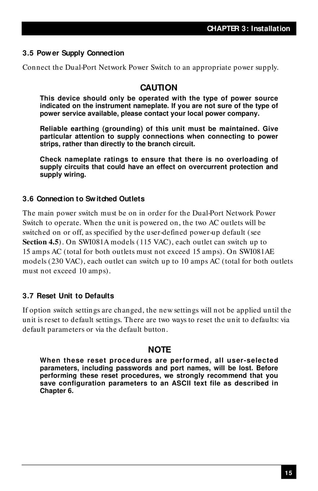 Black Box SWI082, SWI081AE manual Power Supply Connection, Connection to Switched Outlets, Reset Unit to Defaults 