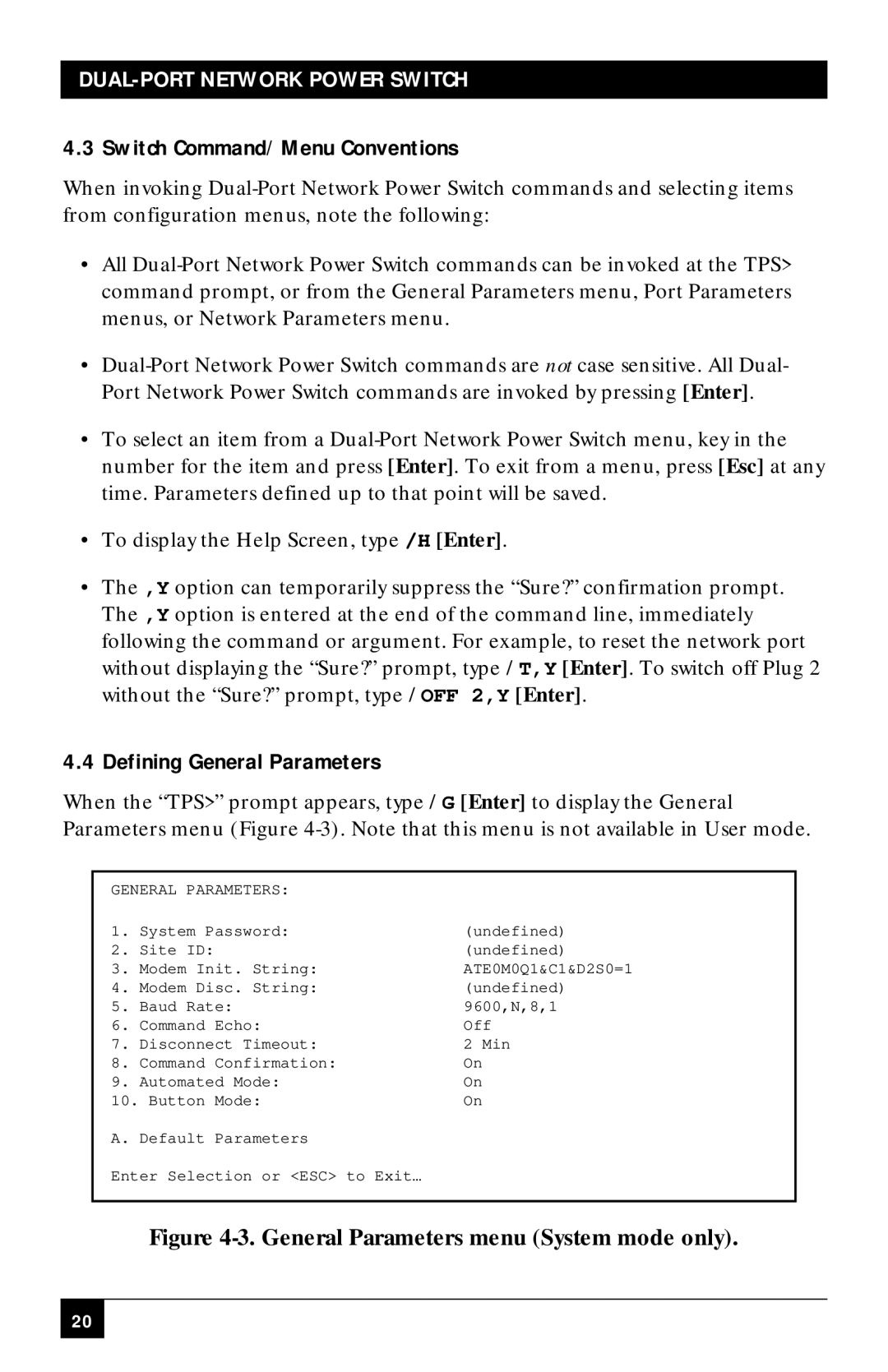 Black Box SWI081AE, SWI082 manual Switch Command/Menu Conventions, Defining General Parameters 