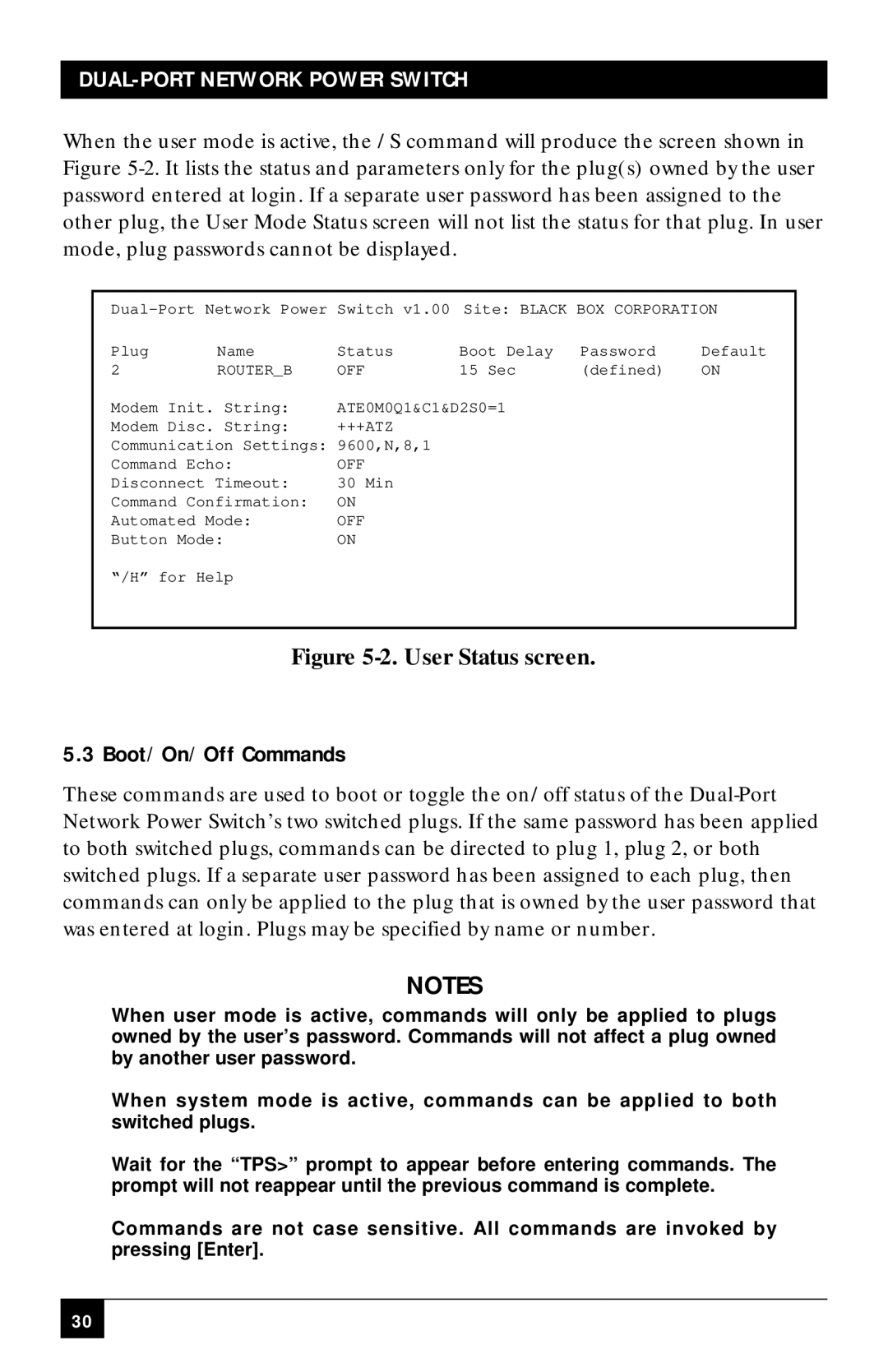 Black Box SWI082, SWI081AE manual Boot/On/Off Commands, User Status screen 