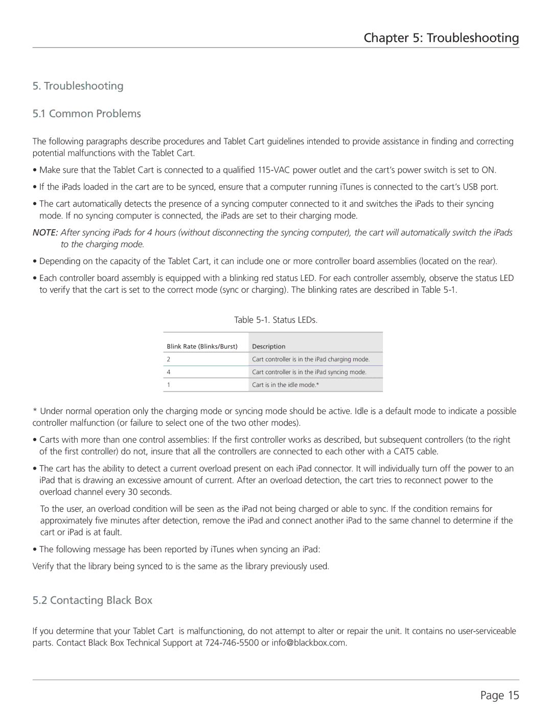 Black Box Tablet Cart, TAB16CS, TAB32CS manual Troubleshooting 5.1 Common Problems, Contacting Black Box 