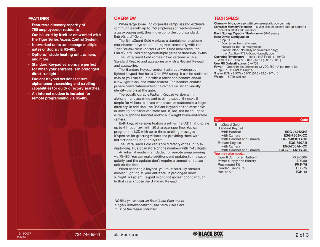 Black Box Telephone Entry/Intercom System manual Overview, Tech Specs 