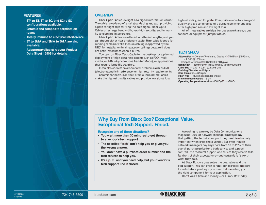 Black Box Terminated Multimode Fiber Optic Cable manual Overview, Tech Specs 