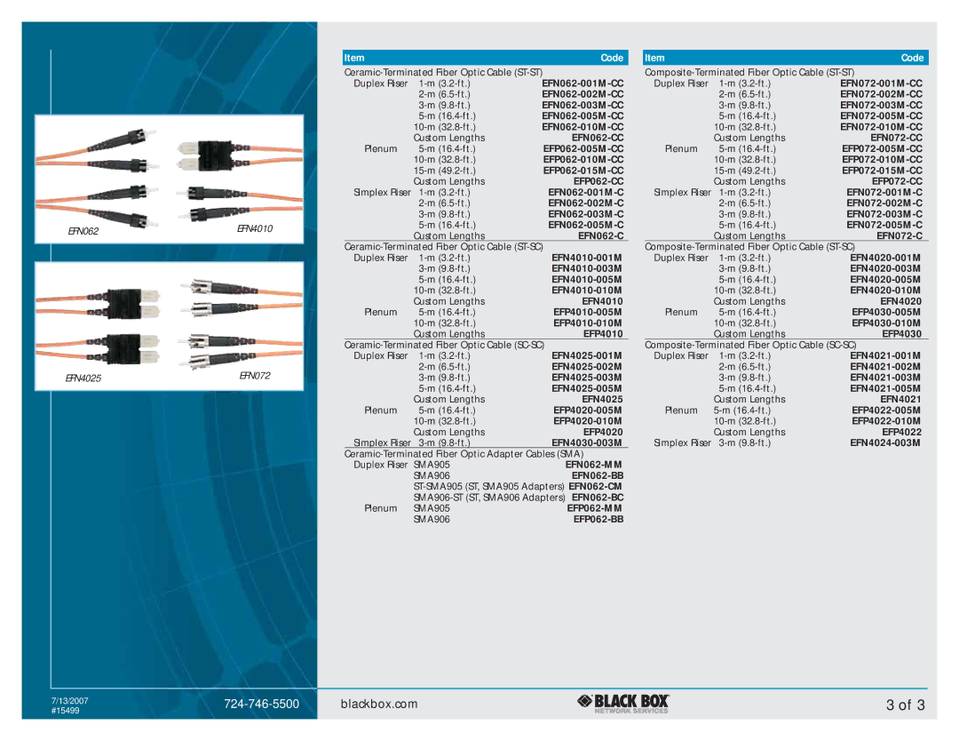 Black Box Terminated Multimode Fiber Optic Cable manual EFN062-CC, EFP062-CC, EFN062-MM, EFN062-BB, EFP062-MM, EFP062-BB 