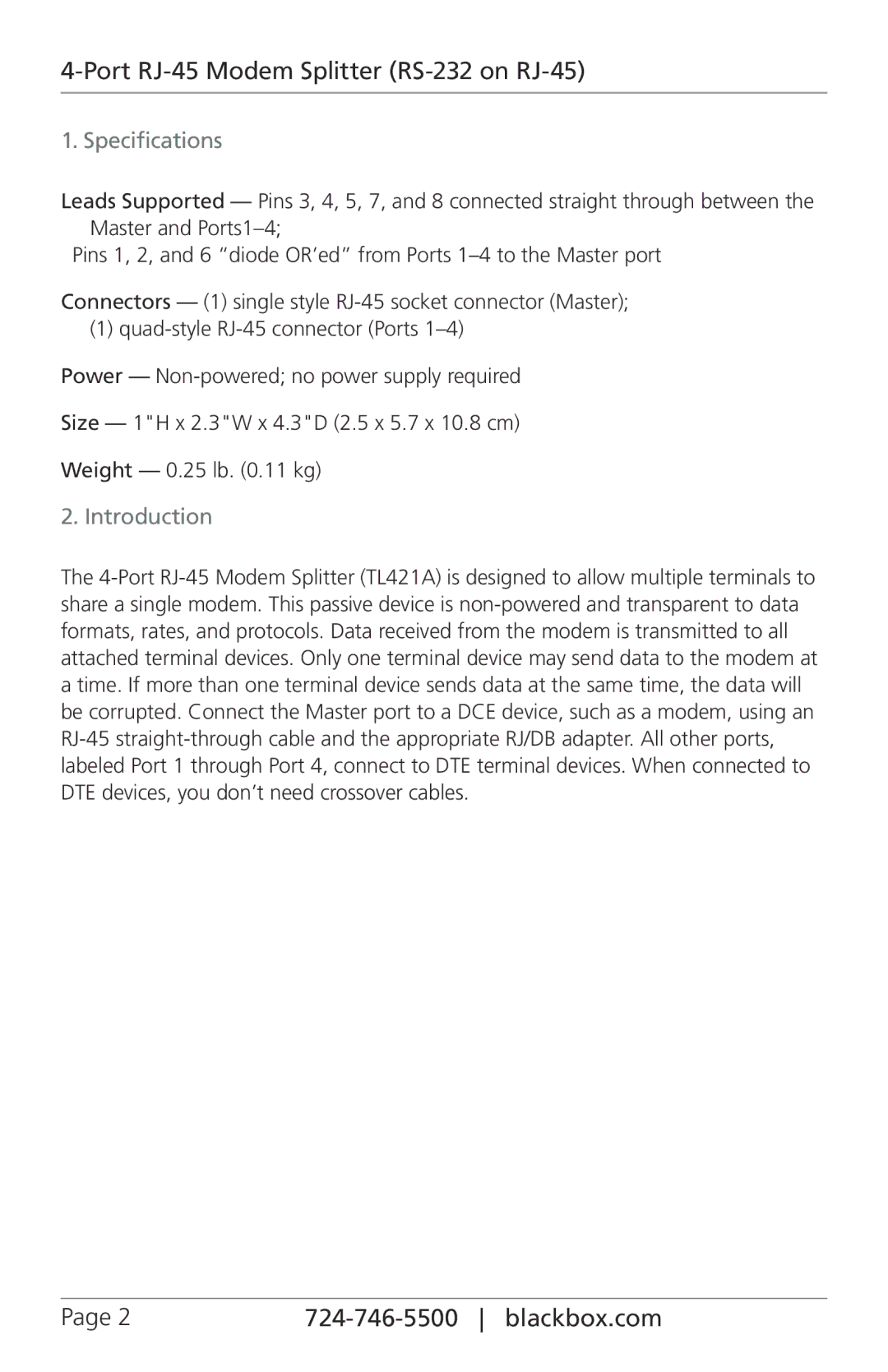 Black Box TL421A, 4-Port RJ-45 Modem Splitter (RS-232 on RJ-45) manual Specifications, Introduction 