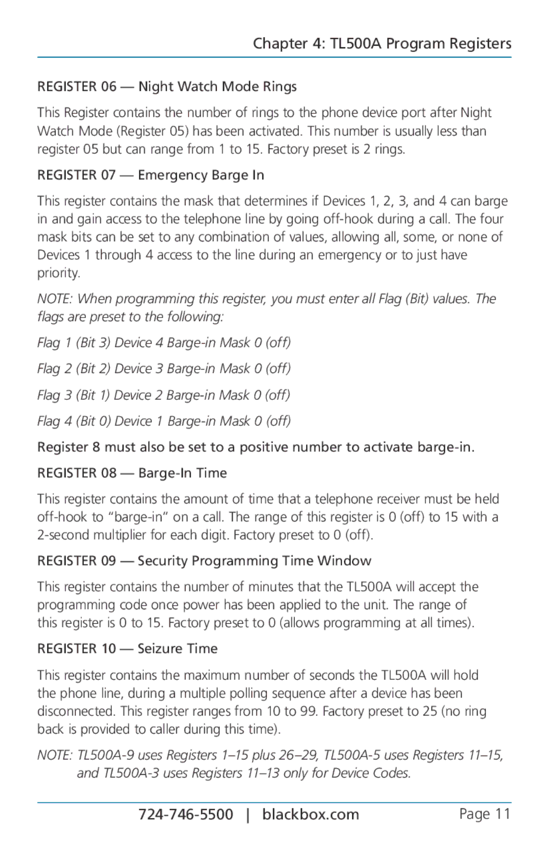 Black Box phone line sharing device manual TL500A Program Registers 