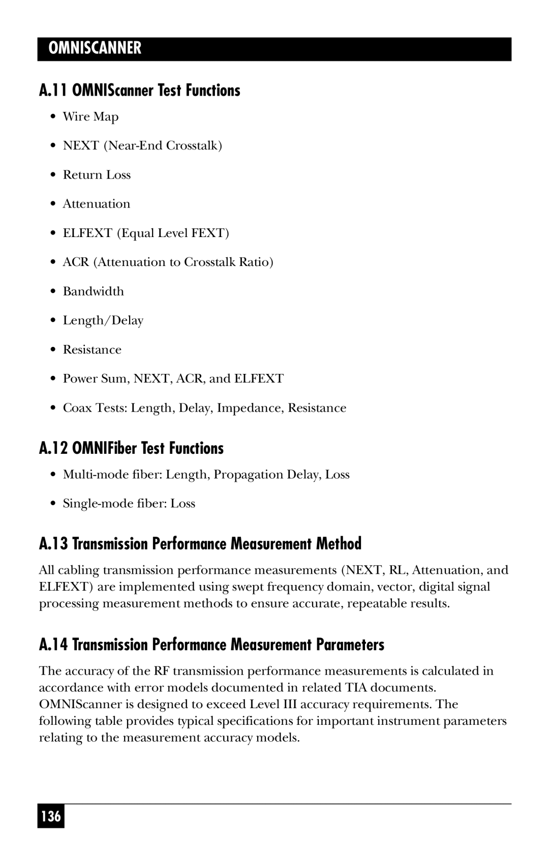 Black Box TS1003A manual OMNIScanner Test Functions, OMNIFiber Test Functions, Transmission Performance Measurement Method 