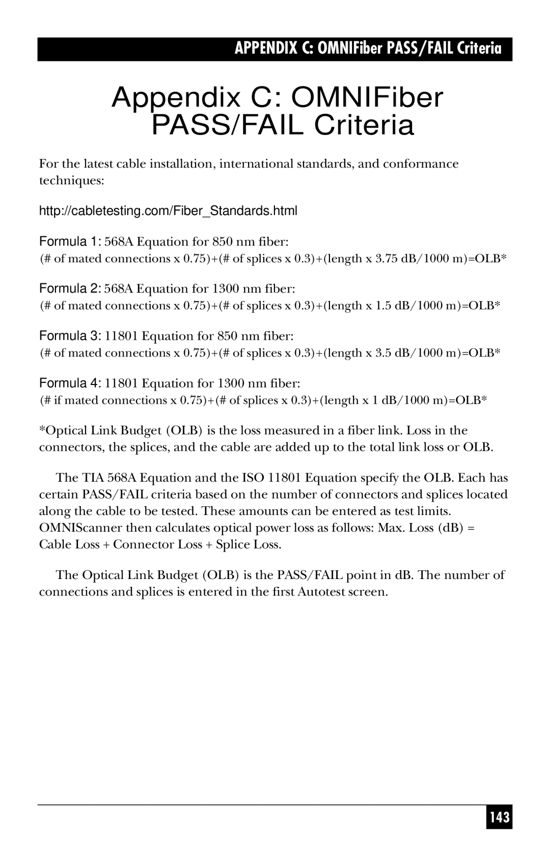 Black Box TS1002A, TS1003A, TS1000A-R5 manual Appendix C OMNIFiber PASS/FAIL Criteria 