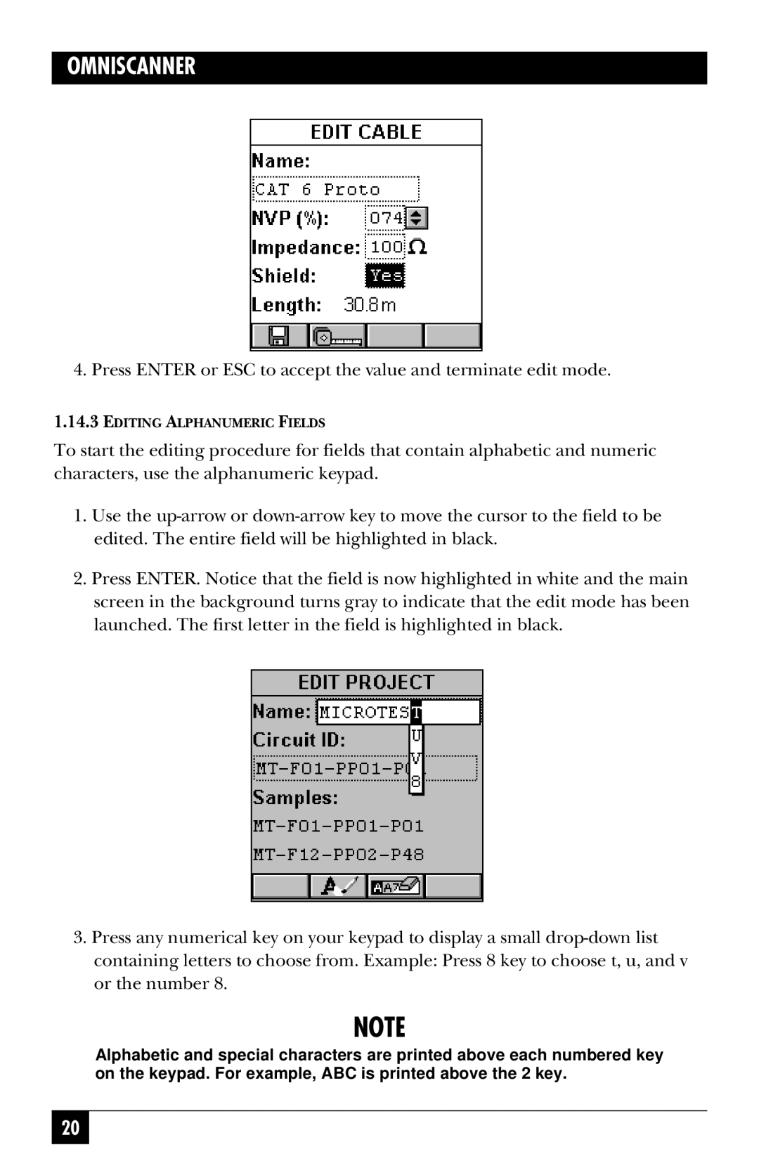 Black Box TS1002A, TS1003A, TS1000A-R5 manual Editing Alphanumeric Fields 