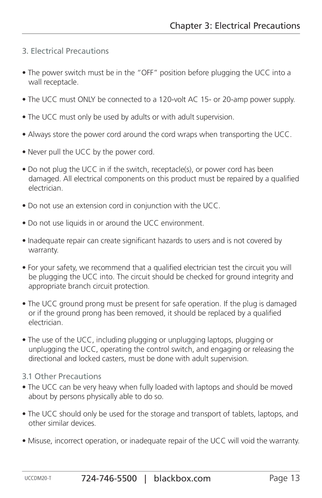 Black Box UCCDL18H, UCCDS40H, UCCDS30T, UCCDS30H, UCCDS40T, UCCDS20T, UCCDM36H manual Electrical Precautions, Other Precautions 