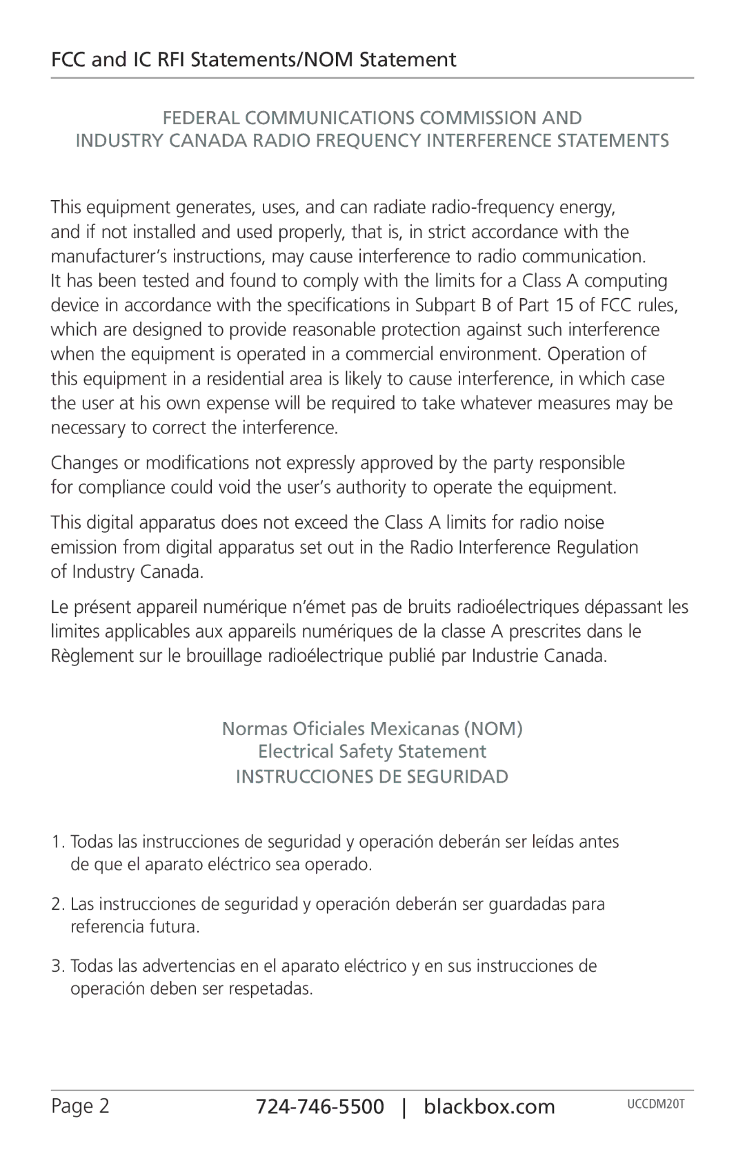 Black Box UCCDS30H, UCCDS40H, UCCDS30T, UCCDS40T, UCCDS20T, UCCDM36H FCC and IC RFI Statements/NOM Statement, Blackbox.com 