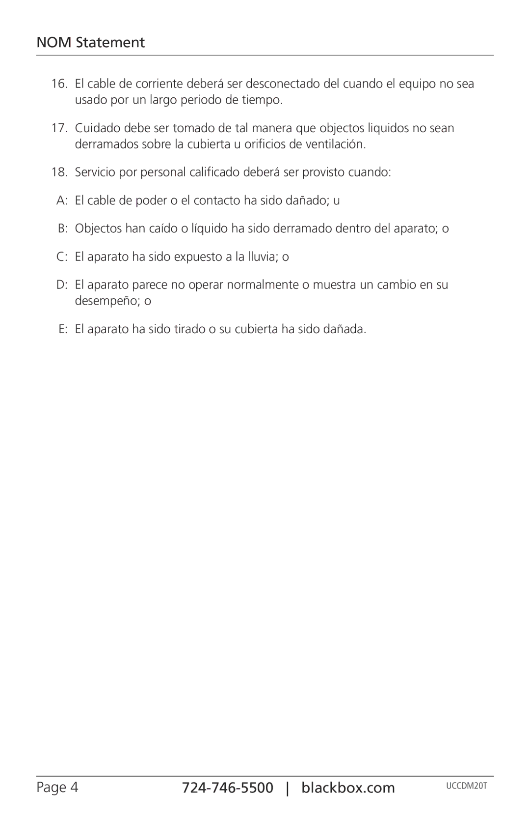 Black Box UCCDS20T, UCCDS40H, UCCDS30T, UCCDS30H, UCCDS40T, UCCDM36H, UCCDM36T, UCCDS20H, UCCDM27T, UCCDM27H manual NOM Statement 