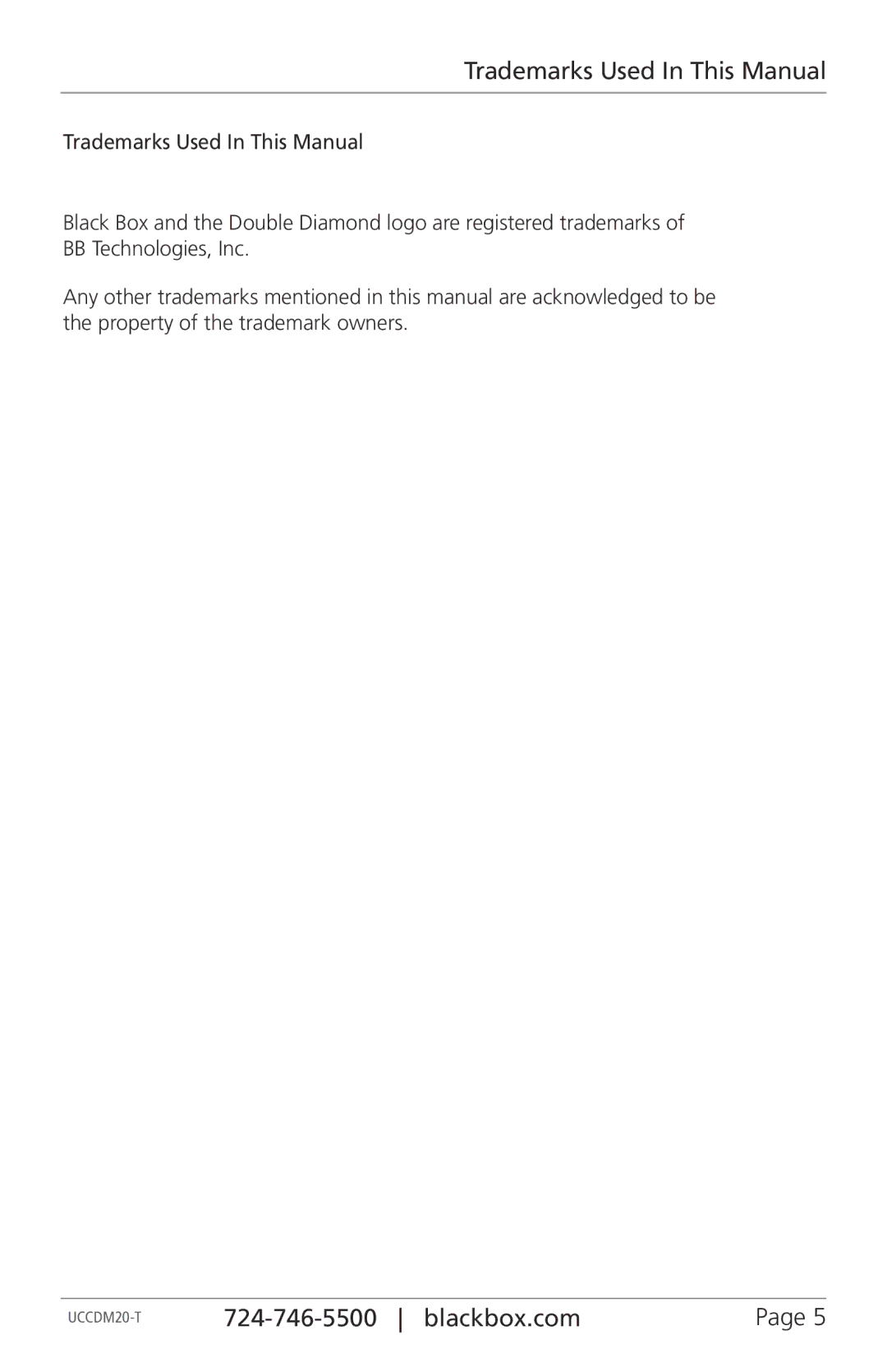 Black Box UCCDM36H, UCCDS40H, UCCDS30T, UCCDS30H, UCCDS40T, UCCDS20T, UCCDM36T, UCCDS20H, UCCDM27T Trademarks Used In This Manual 