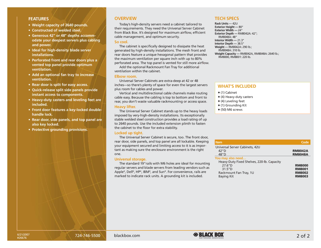 Black Box Universal Server Cabinet manual Overview, Tech Specs, WHAT‘S Included 