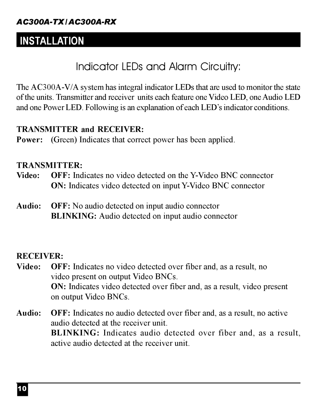 Black Box Universal Video and Stereo Audio Fiber Optic Transmission System, AC300A-RX Indicator LEDs and Alarm Circuitry 