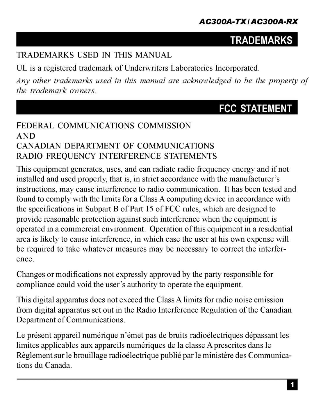 Black Box Universal Video and Stereo Audio Fiber Optic Transmission System, AC300A-RX, AC300A-TX Trademarks, FCC Statement 