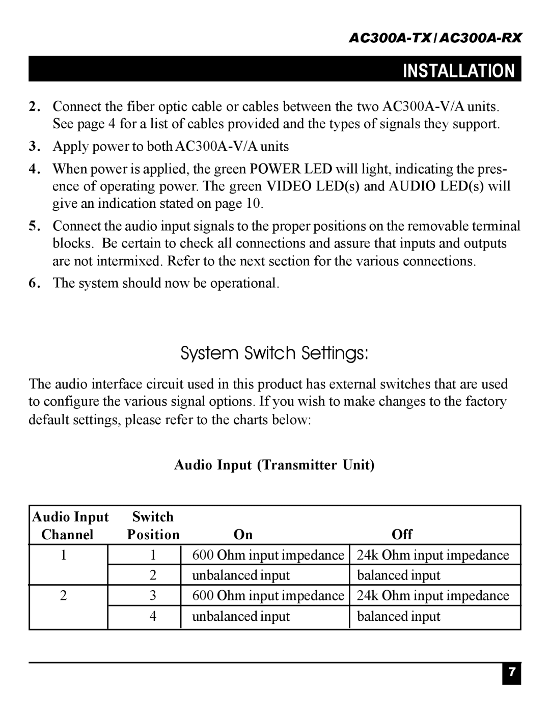 Black Box Universal Video and Stereo Audio Fiber Optic Transmission System, AC300A-RX, AC300A-TX System Switch Settings 