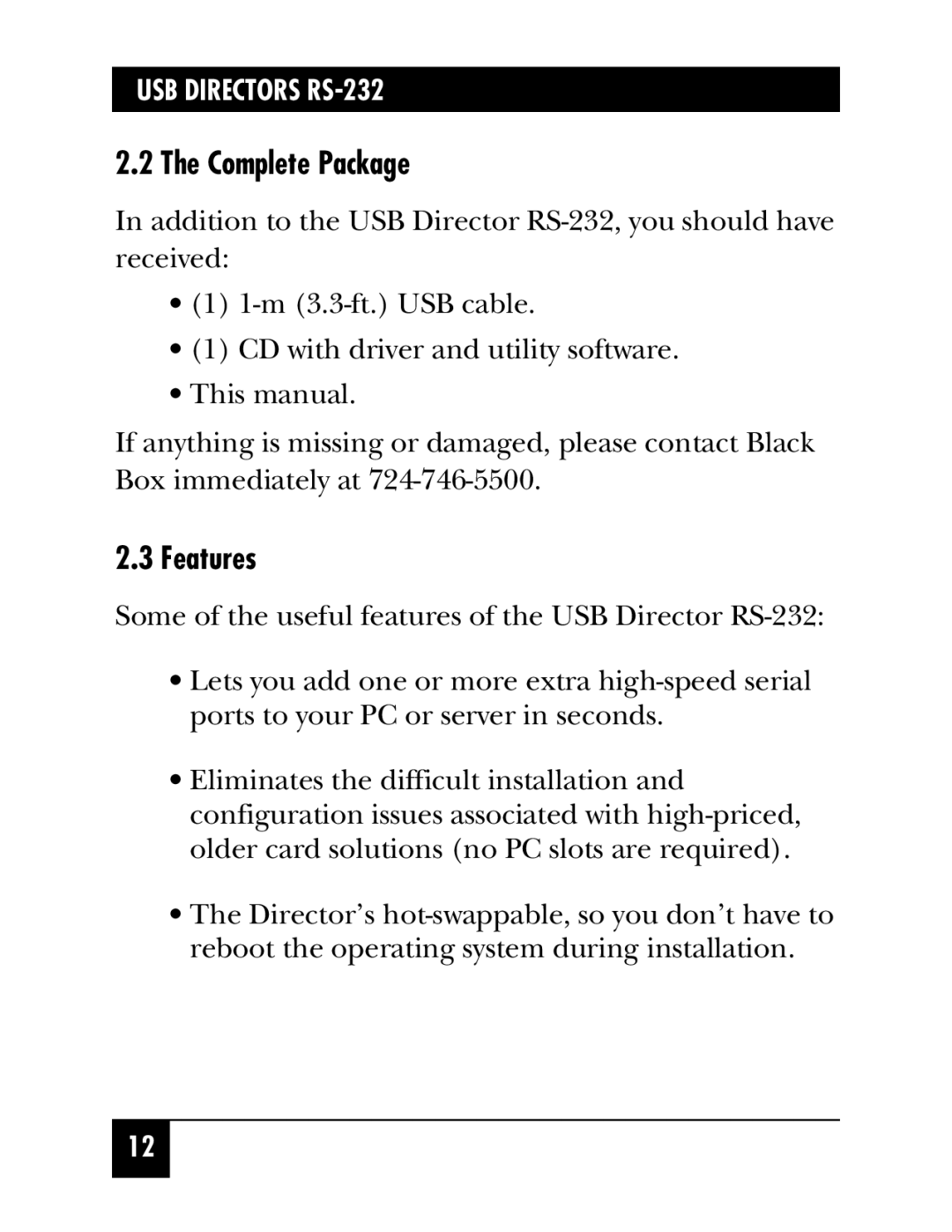 Black Box IC1001A, USB Directors RS-232, IC135A, IC1002A, IC1000A manual Complete Package, Features 