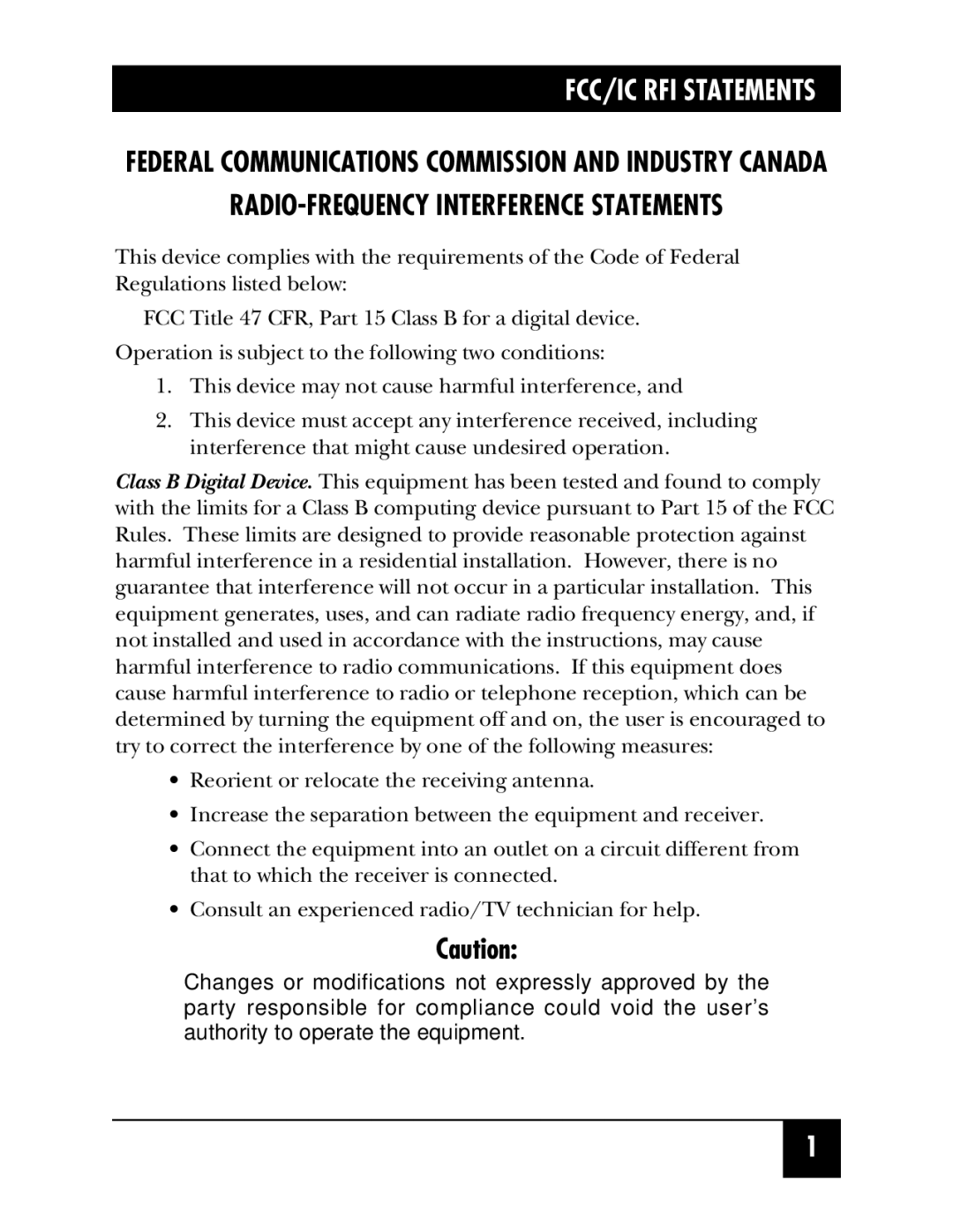 Black Box IC1002A, USB Directors RS-232, IC135A, IC1001A, IC1000A manual FCC/IC RFI Statements 