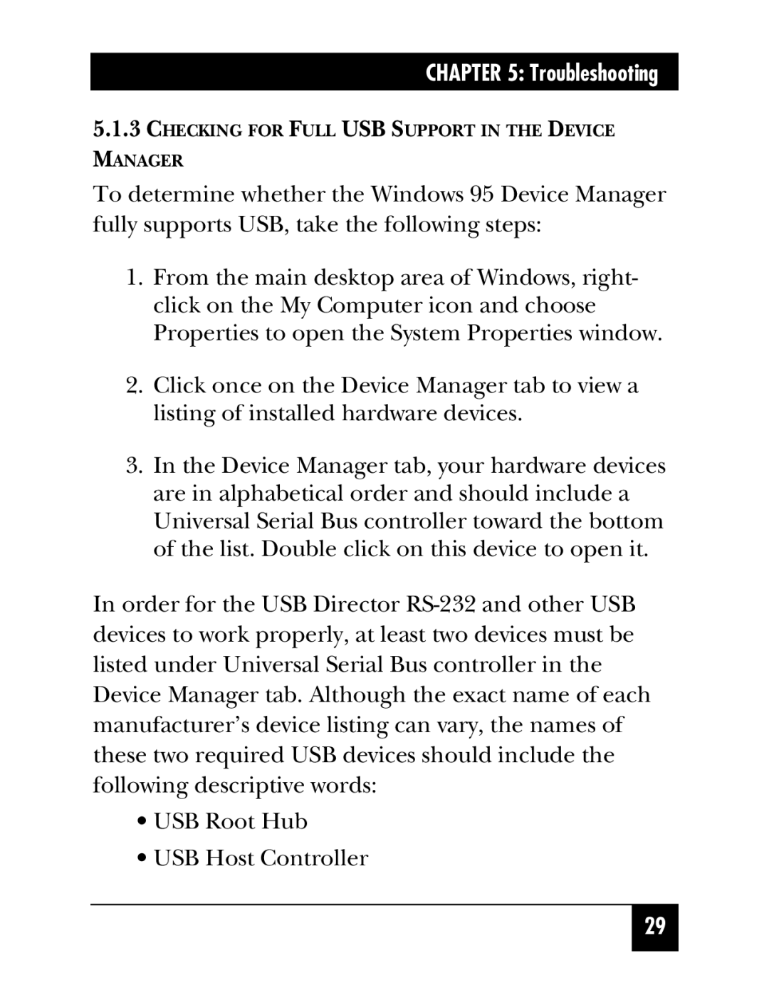 Black Box USB Directors RS-232, IC135A, IC1002A, IC1001A, IC1000A manual Checking for Full USB Support in the Device Manager 