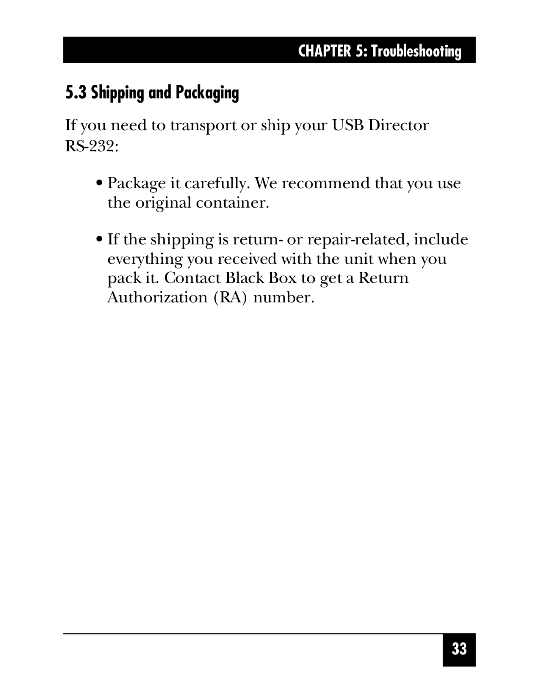 Black Box IC1000A, USB Directors RS-232, IC135A, IC1002A, IC1001A manual Shipping and Packaging 