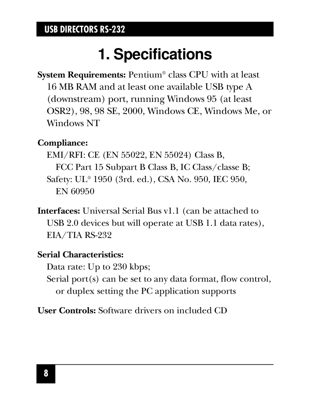 Black Box IC1000A, USB Directors RS-232, IC135A, IC1002A, IC1001A manual Specifications, Compliance 