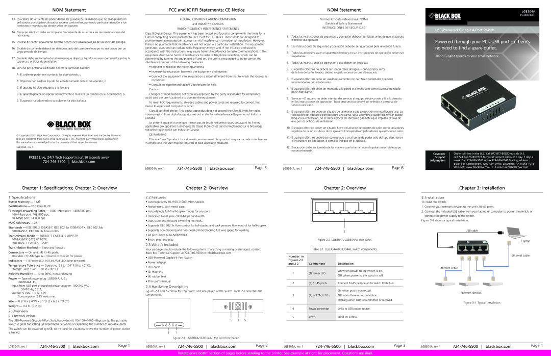 Black Box LGB304A specifications NOM Statement, Specifications Overview, FCC and IC RFI Statements CE Notice, Installation 