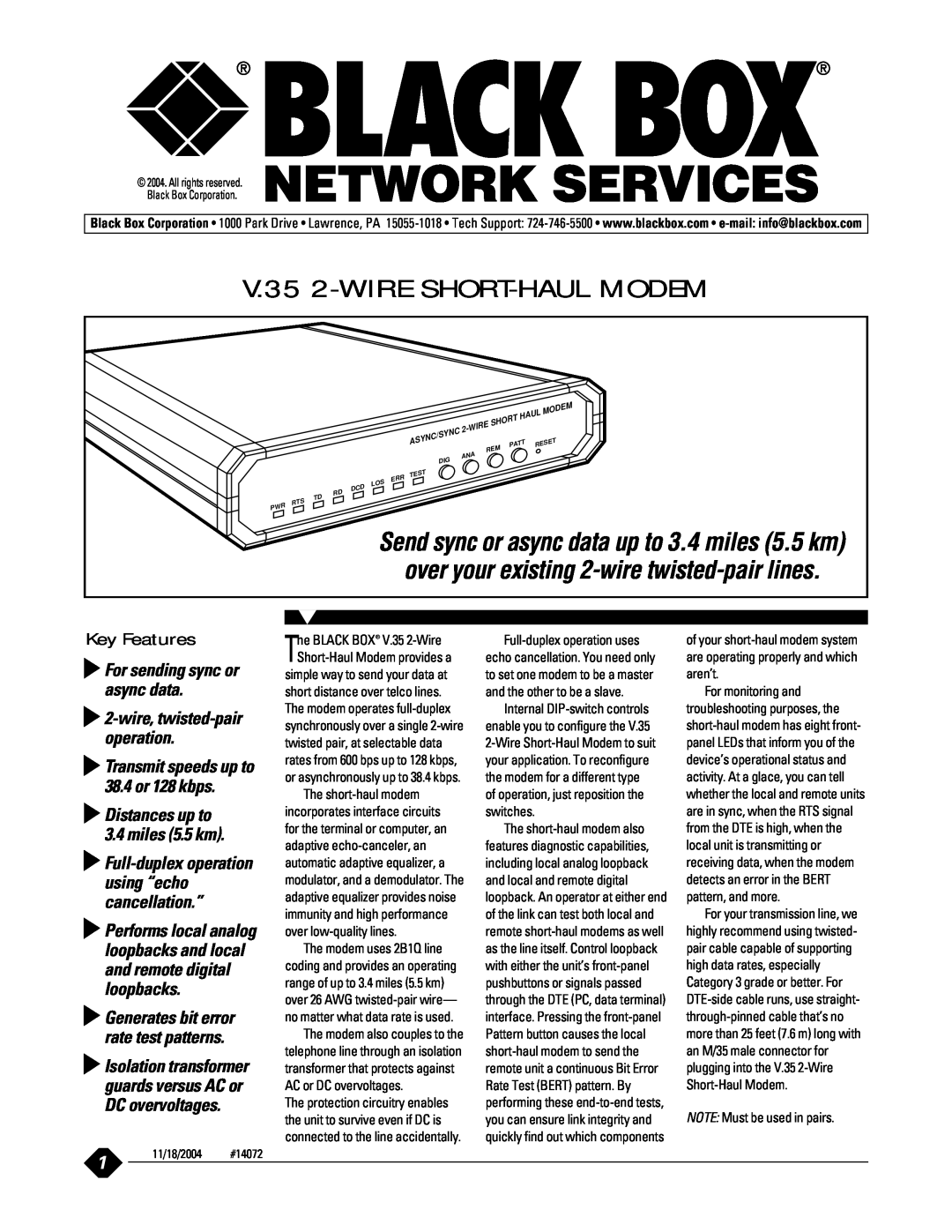 Black Box manual NOTE Must be used in pairs, V.35 2-WIRE SHORT-HAUL MODEM, Key Features, For sending sync or async data 