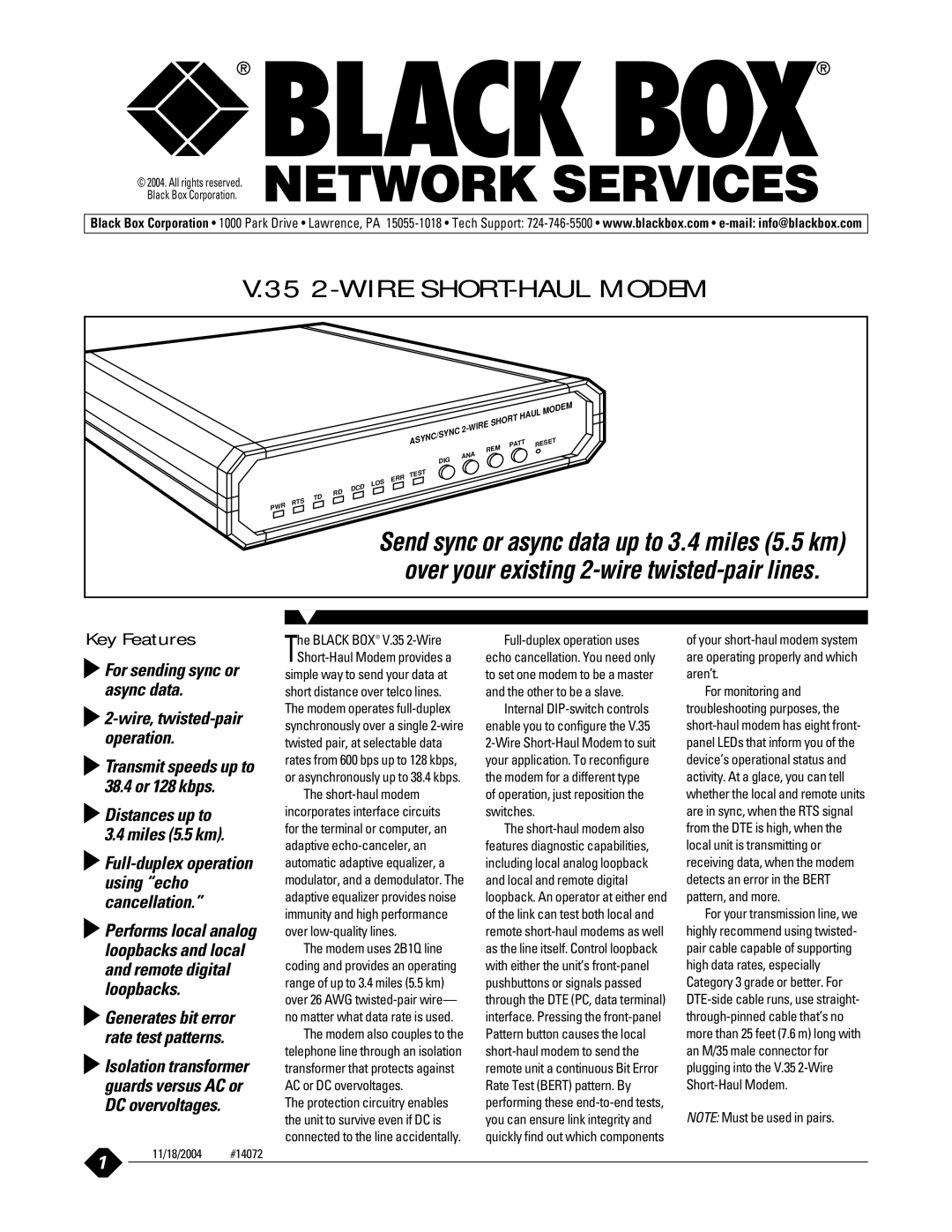 Black Box V.35 manual 35 2-WIRE SHORT-HAUL Modem, 11/18/2004 #14072 