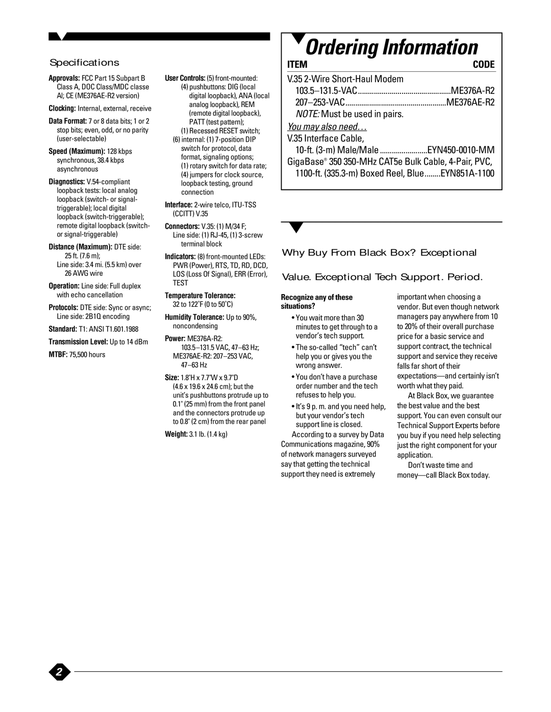 Black Box V.35 manual Speed Maximum 128 kbps, Distance Maximum DTE side 25 ft .6 m, Temperature Tolerance 